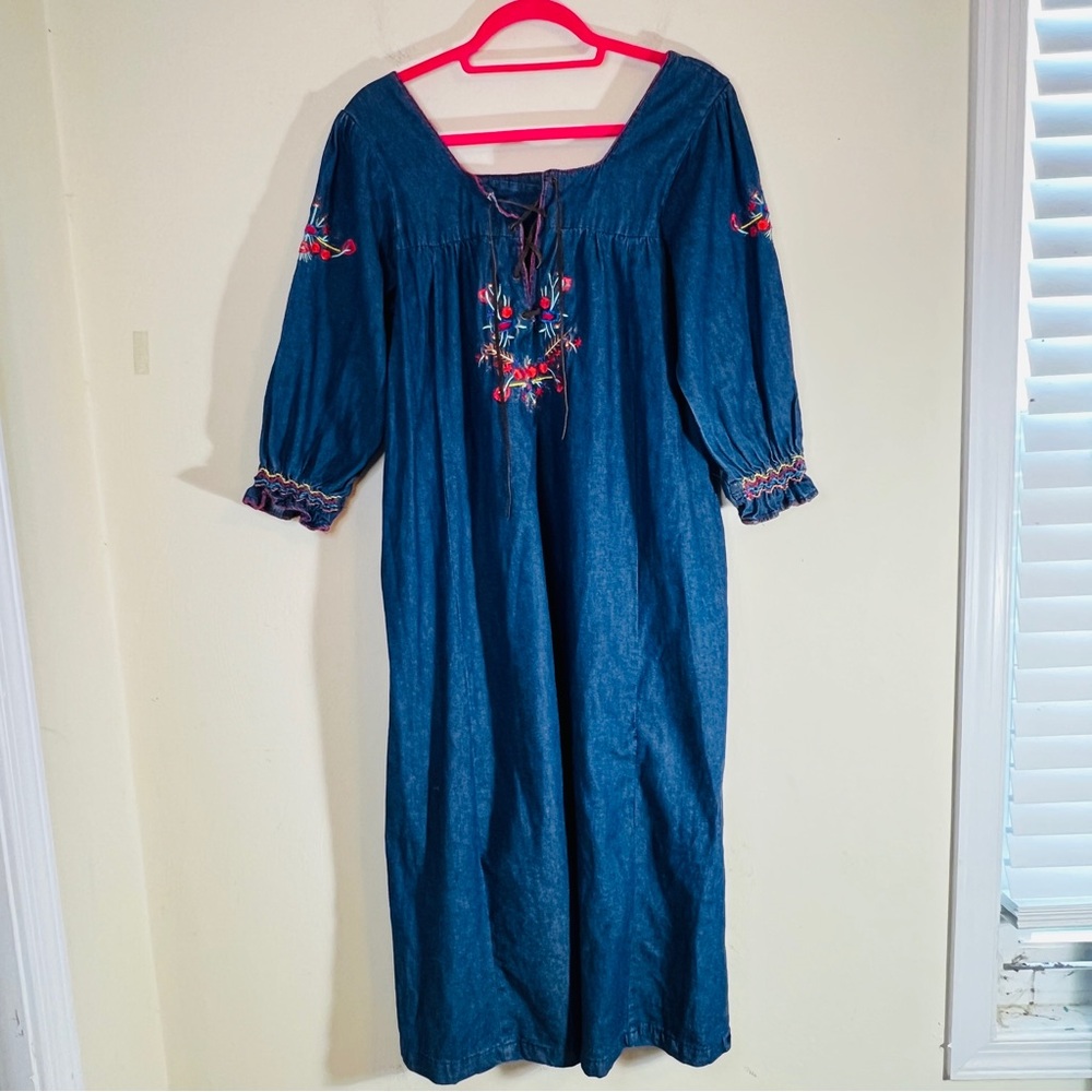 Naqui Denim Dress Sz Medium Floral Embroidered Lace Up Bohemian Festival